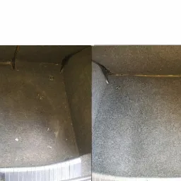 Porównanie stanu bagażnika samochodowego przed i po czyszczeniu: brudna tapicerka po lewej, czysta i odświeżona po prawej.