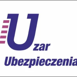 Logo firmy ubezpieczeniowej Uzar, z granatową literą U z poziomymi, różowymi paskami po lewej stronie, napisem 'zar' i słowem 'Ubezpieczenia' poniżej.