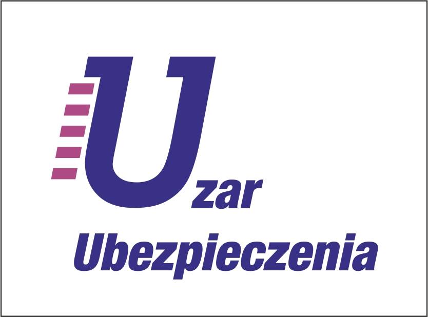 Logo firmy ubezpieczeniowej Uzar, z granatową literą U z poziomymi, różowymi paskami po lewej stronie, napisem 'zar' i słowem 'Ubezpieczenia' poniżej.
