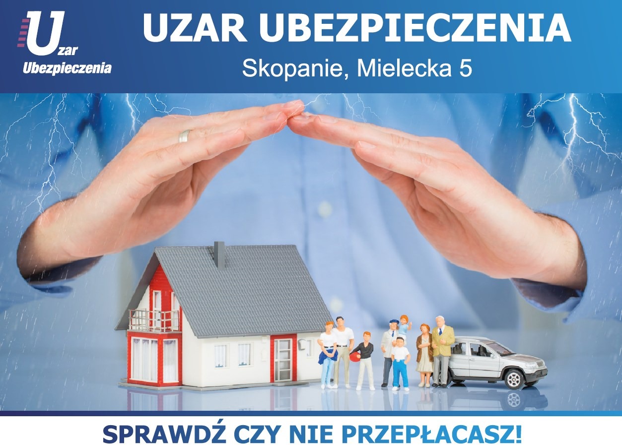 Dłonie tworzą dach nad miniaturowym domem, rodziną i samochodem, symbolizując ochronę; w tle błyskawice i logo firmy ubezpieczeniowej.