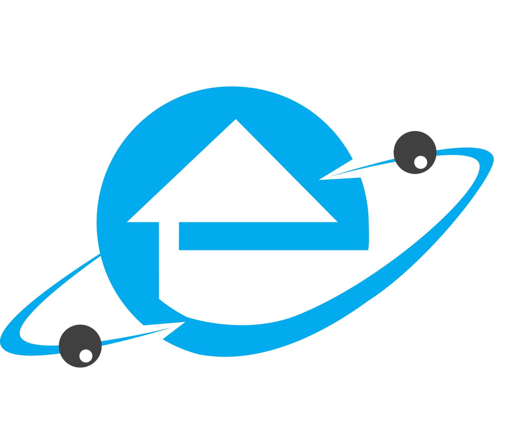 Niebieskie logo przedstawiające strzałkę w górę w okręgu z dwoma satelitami na orbitach.