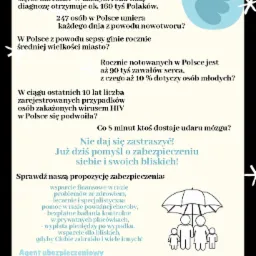 Infografika z danymi statystycznymi dotyczącymi zachorowań i umieralności w Polsce, podkreślająca potrzebę zabezpieczenia przyszłości, z ilustracją rodziny pod parasolem.