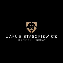 Ekspert Kredytowy Jakub Staszkiewicz - Eleganckie logo z głową lwa w geometrycznej tarczy, nazwiskiem 'Jakub Staszkiewicz' i podpisem 'Ekspert Finansowy' na czarnym tle.