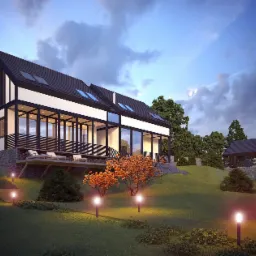 Wizualizacja dwukondygnacyjnego domu z elementami muru pruskiego, z dużymi przeszkleniami, tarasem i oświetleniem ogrodowym, na tle wieczornego nieba.