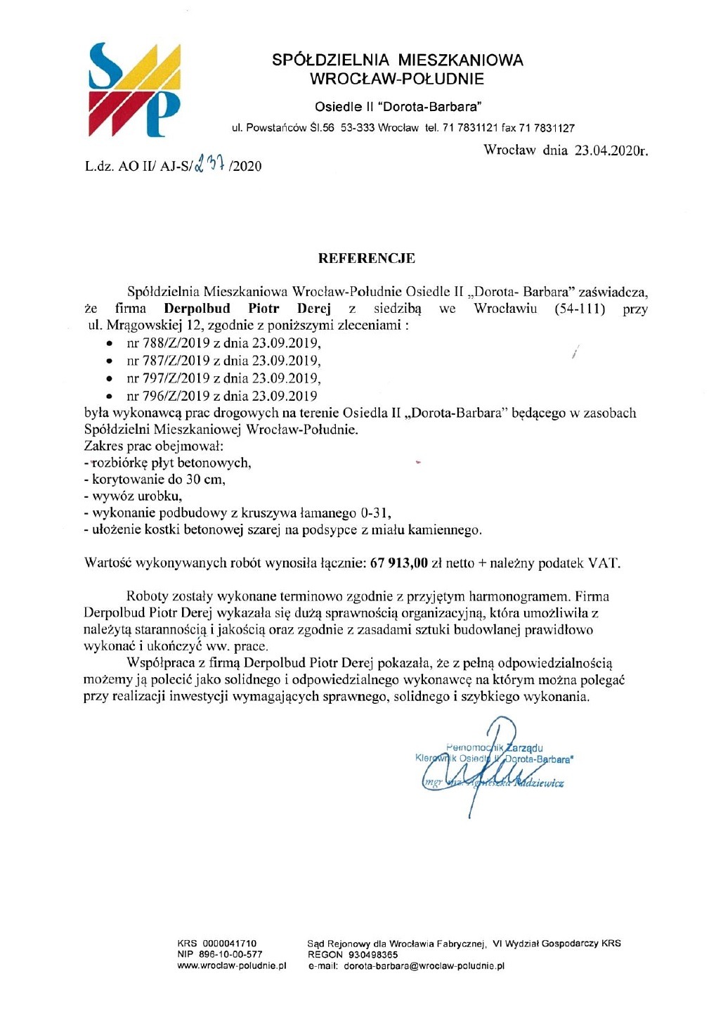 Referencje ze Spółdzielni Mieszkaniowej 'Wrocław-Południe'_prace wykonane w 2020r.