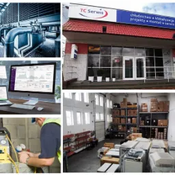 Kompozycja z pięciu zdjęć: agregat chłodniczy z rurami, budynek firmy TC Serwis z szyldem 'chłodnictwo klimatyzacja projekty montaż serwis', biurko z komputerem i laptopem prezentującymi wykresy...