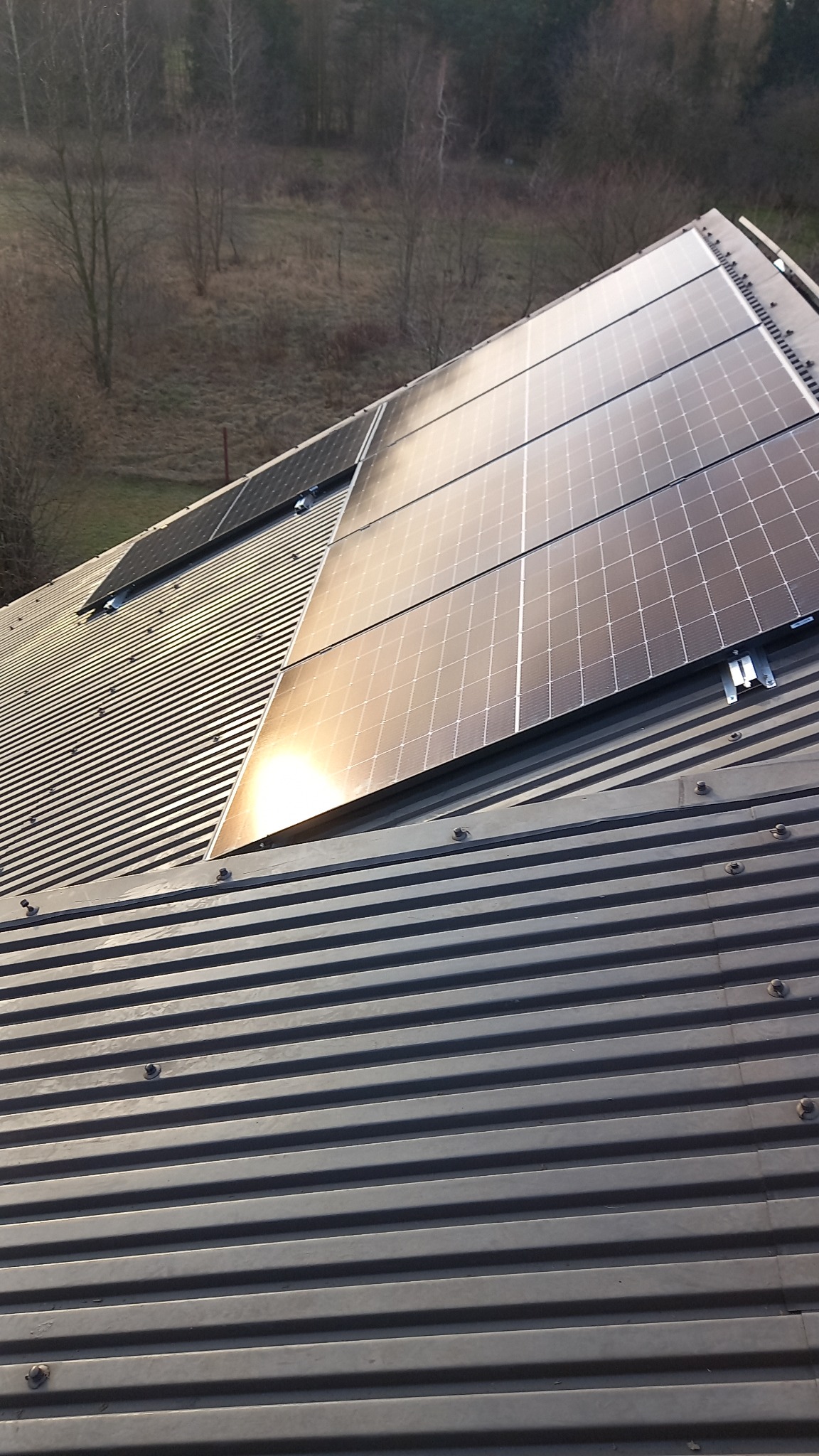 Panele słoneczne na metalowym dachu z widocznymi mocowaniami i odbiciem słońca, w tle drzewa.