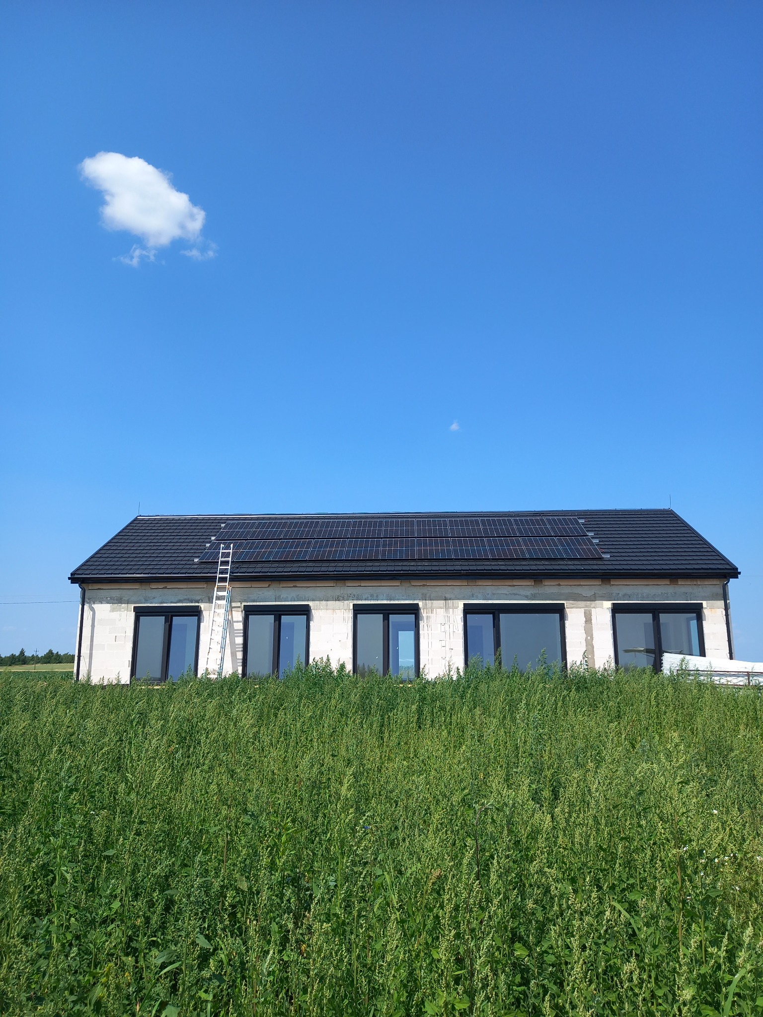 Dom w trakcie budowy z zamontowanymi panelami słonecznymi na dachu, drabina oparta o dach, wysoka trawa na pierwszym planie, błękitne niebo z pojedynczą chmurą.