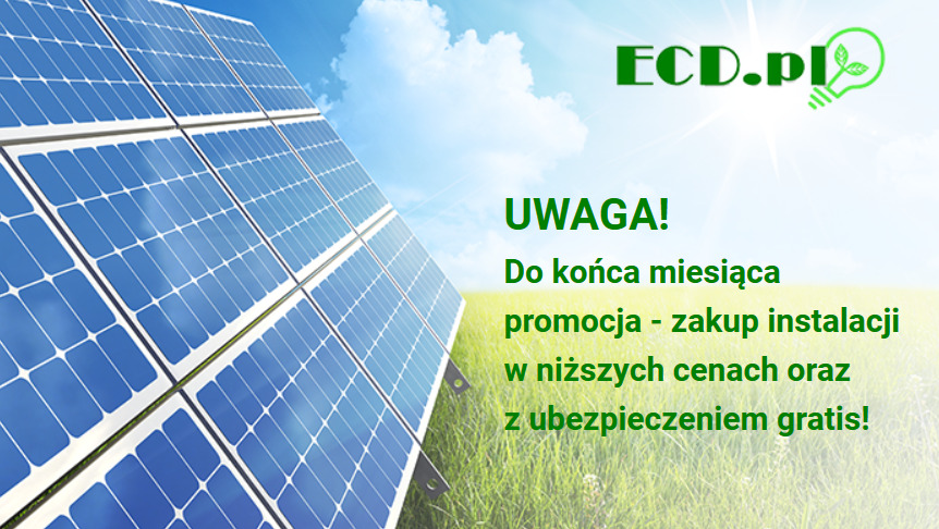 Promocyjna oferta na instalację paneli słonecznych z logo firmy i tekstem 'Uwaga! Do końca miesiąca promocja - zakup instalacji w niższych cenach oraz z ubezpieczeniem gratis!' na tle błękitnego...