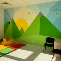 Wnętrze pokoju zabaw z muralem przedstawiającym góry, słońce i ptaki, kolorowe maty podłogowe i żółta zabawka bujak w kształcie ślimaka.