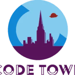 Grafika wektorowa przedstawiająca logo firmy Code Town: stylizowany krajobraz miejski z wysoką wieżą na tle jasnoniebieskiego nieba i ciemnoniebieskiego półkola. Nad miastem widoczny jest czerwony...
