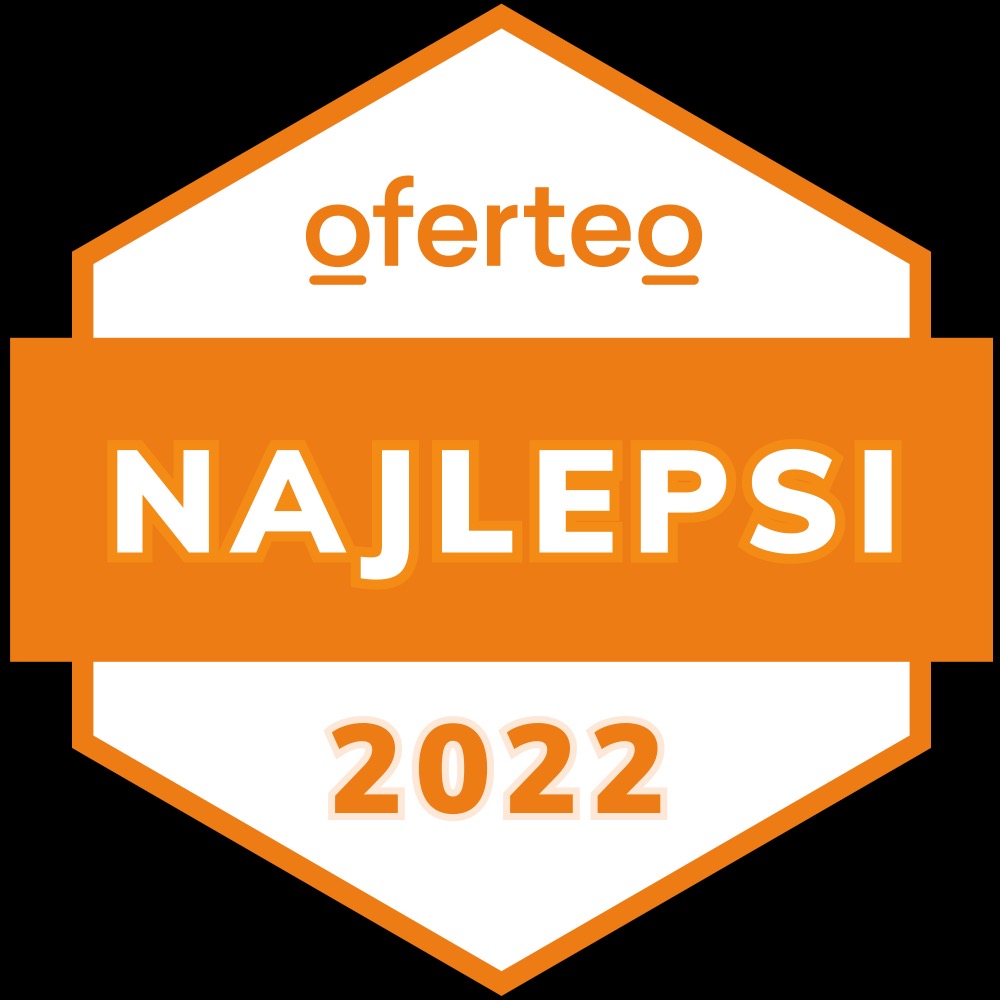 Nagroda Oferteo Najlepsi 2022, pomarańczowo-biała ikona na czarnym tle.
