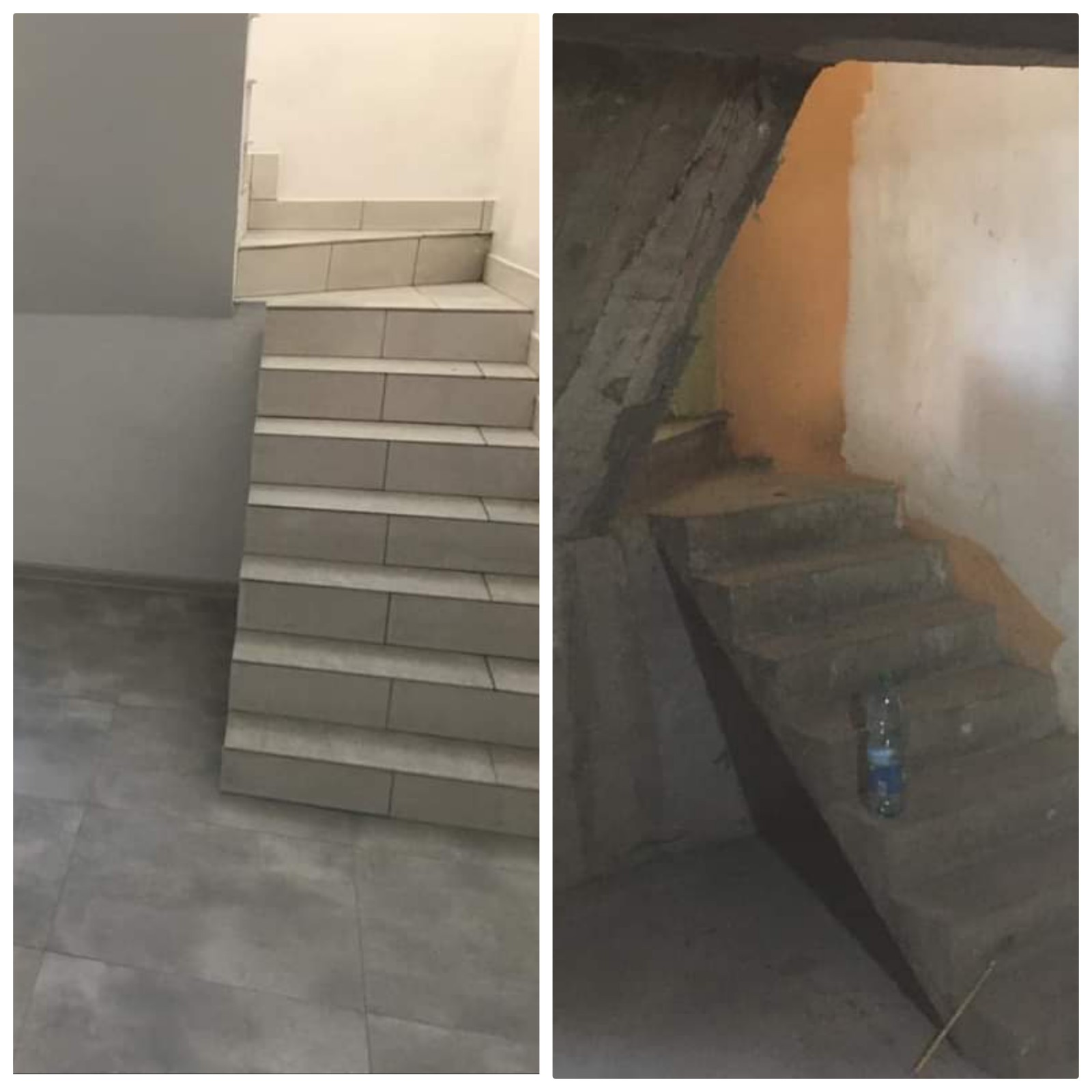 Porównanie schodów przed i po remoncie: po lewej stronie wykończone schody z szarymi płytkami, po prawej surowe, betonowe schody w trakcie prac, z butelką wody na jednym ze stopni.