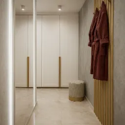 Nowoczesny przedpokój z lustrem z podświetleniem LED, beżowymi płytkami podłogowymi i drewnianym panelem ściennym z szlafrokami. Minimalistyczny design.