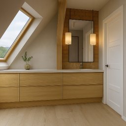 Sowa Design Projekty Wnętrz - Stylowa łazienka na poddaszu z oknem dachowym, drewnianymi szafkami i lustrem z oświetleniem. Minimalistyczny design z akcentami naturalnego drewna i cegły.