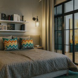 Sowa Design Projekty Wnętrz - Przytulna sypialnia z szarą pościelą, wzorzystymi poduszkami i półkami z dekoracjami. Czarne, szklane drzwi przesuwne w tle. Ciepłe oświetlenie.