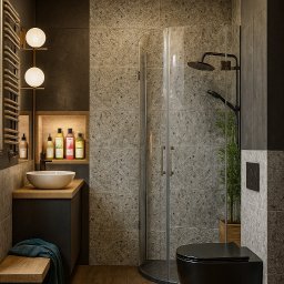 Sowa Design Projekty Wnętrz - Stylowa, szaro-czarna łazienka we Wrocławiu z kabiną prysznicową, umywalką nablatową i drewnianą podłogą. Ciepłe oświetlenie nadaje wnętrzu przytulności.