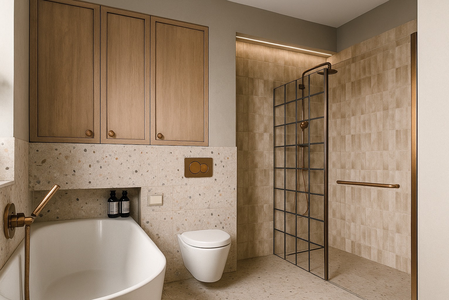 Projekt łazienki: kabina prysznicowa z czarną ramą, wisząca toaleta, wanna i drewniane szafki nad nią. Beżowe płytki z wzorem terrazzo na ścianach i podłodze.