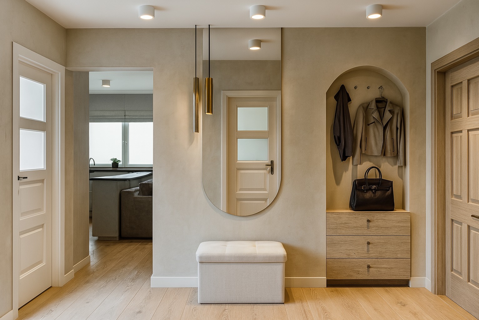 Beżowy hol z lustrem owalnym, siedziskiem i wnęką z wieszakami. W tle widoczna kuchnia z oknem. Drewniana podłoga i drzwi. Minimalistyczny design.