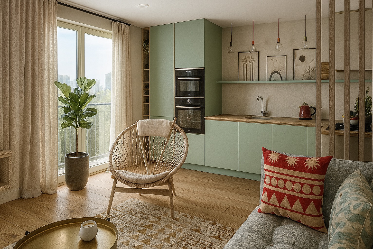 Projekt kuchni z salonem w stylu Boho