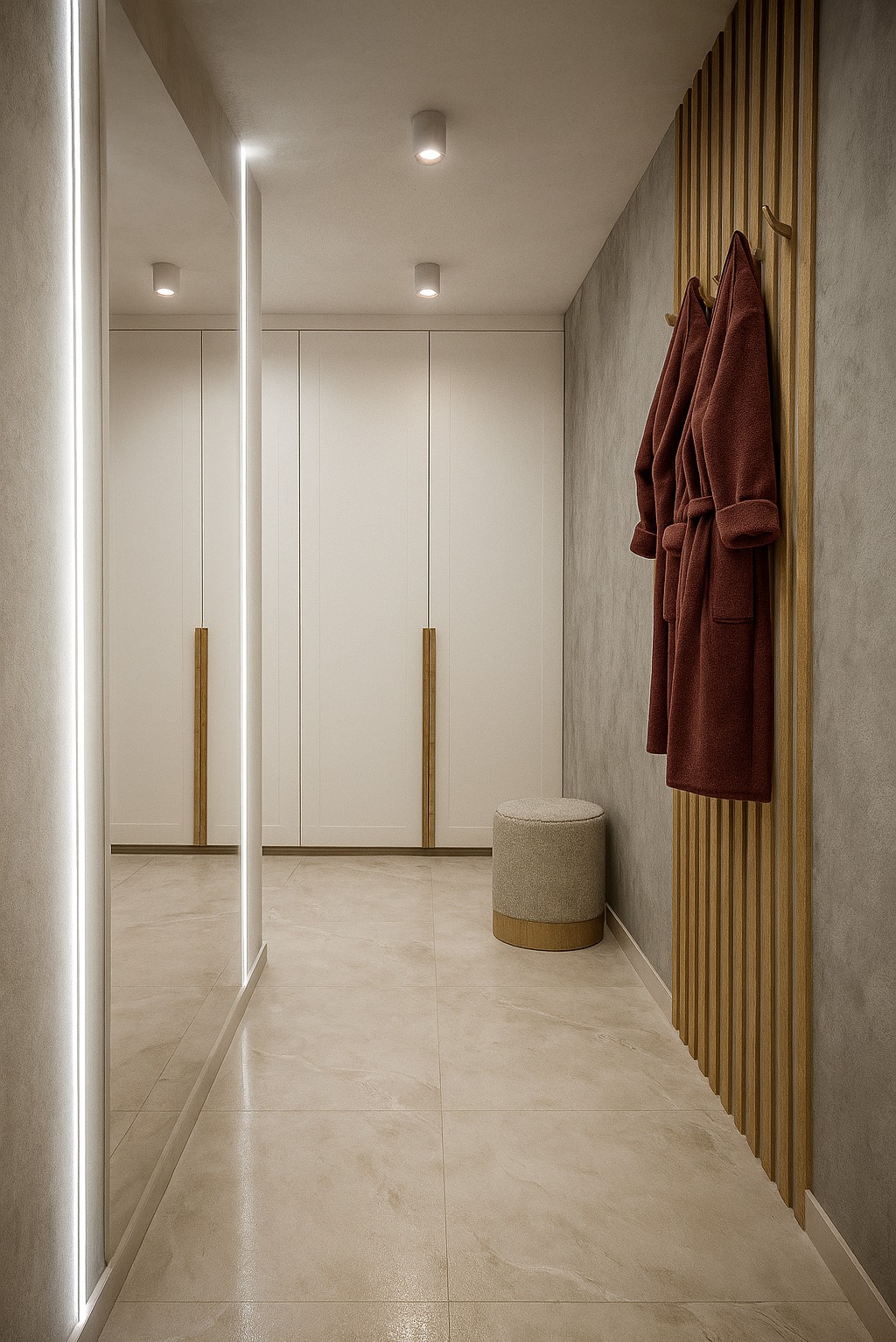 Nowoczesny przedpokój z lustrem z podświetleniem LED, beżowymi płytkami podłogowymi i drewnianym panelem ściennym z szlafrokami. Minimalistyczny design.