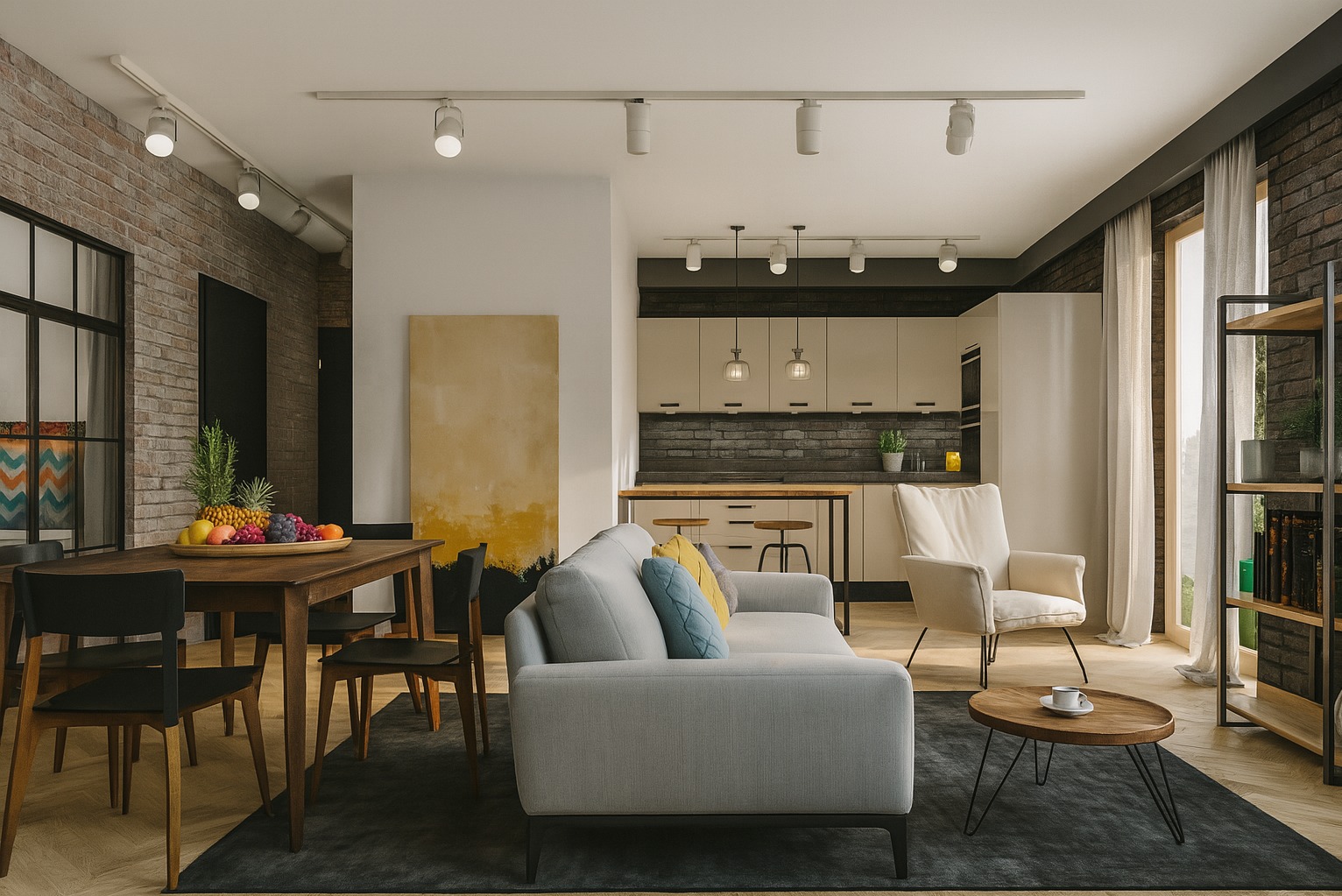 Jasne, przestronne wnętrze kawalerki z ceglaną ścianą, drewnianym stołem i szarą sofą. Widoczna kuchnia w odcieniach beżu i czerni. Całość w nowoczesnym stylu.