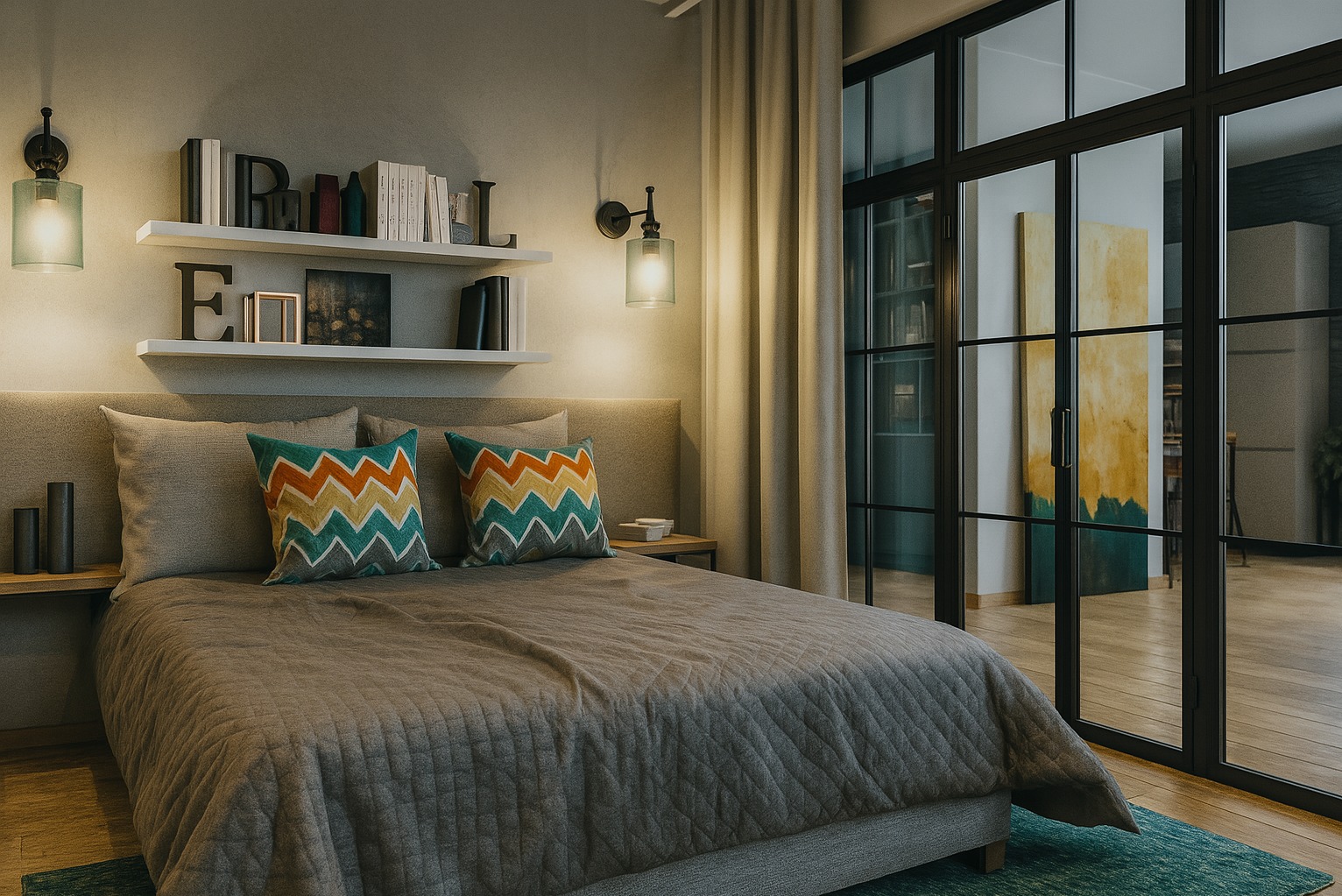 Przytulna sypialnia z szarą pościelą, wzorzystymi poduszkami i półkami z dekoracjami. Czarne, szklane drzwi przesuwne w tle. Ciepłe oświetlenie.