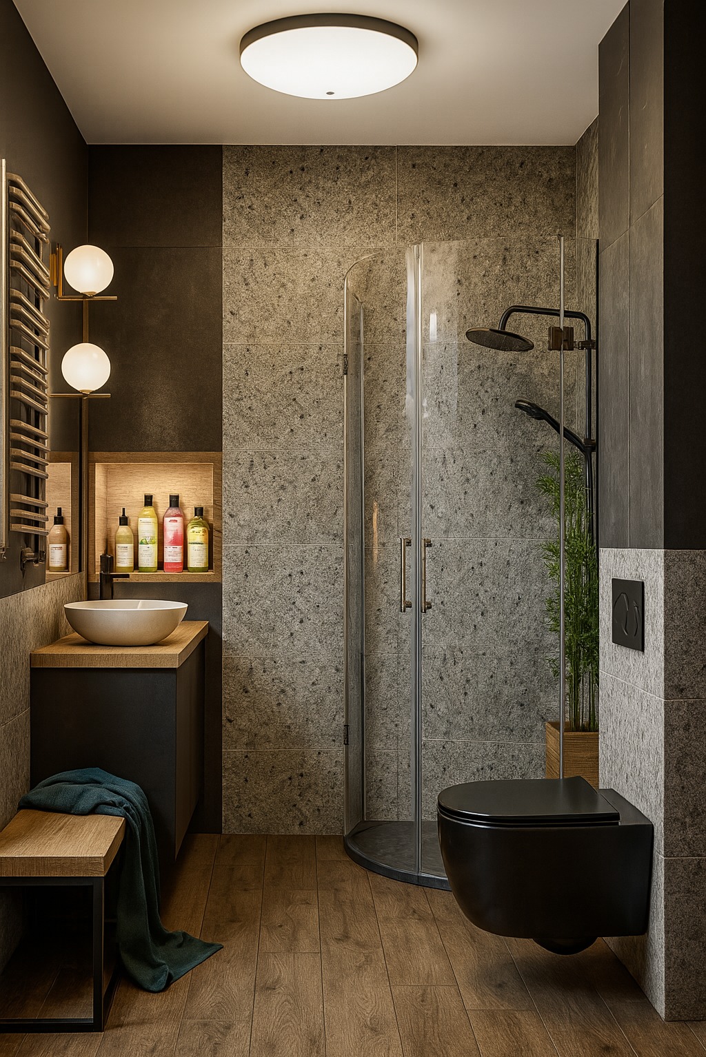 Stylowa, szaro-czarna łazienka we Wrocławiu z kabiną prysznicową, umywalką nablatową i drewnianą podłogą. Ciepłe oświetlenie nadaje wnętrzu przytulności.