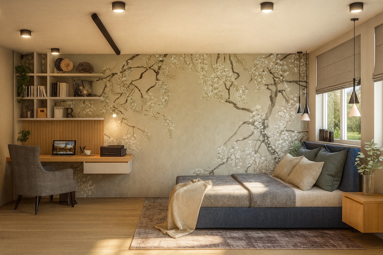 Projekt sypialni nowoczesnej z nutą Japandi