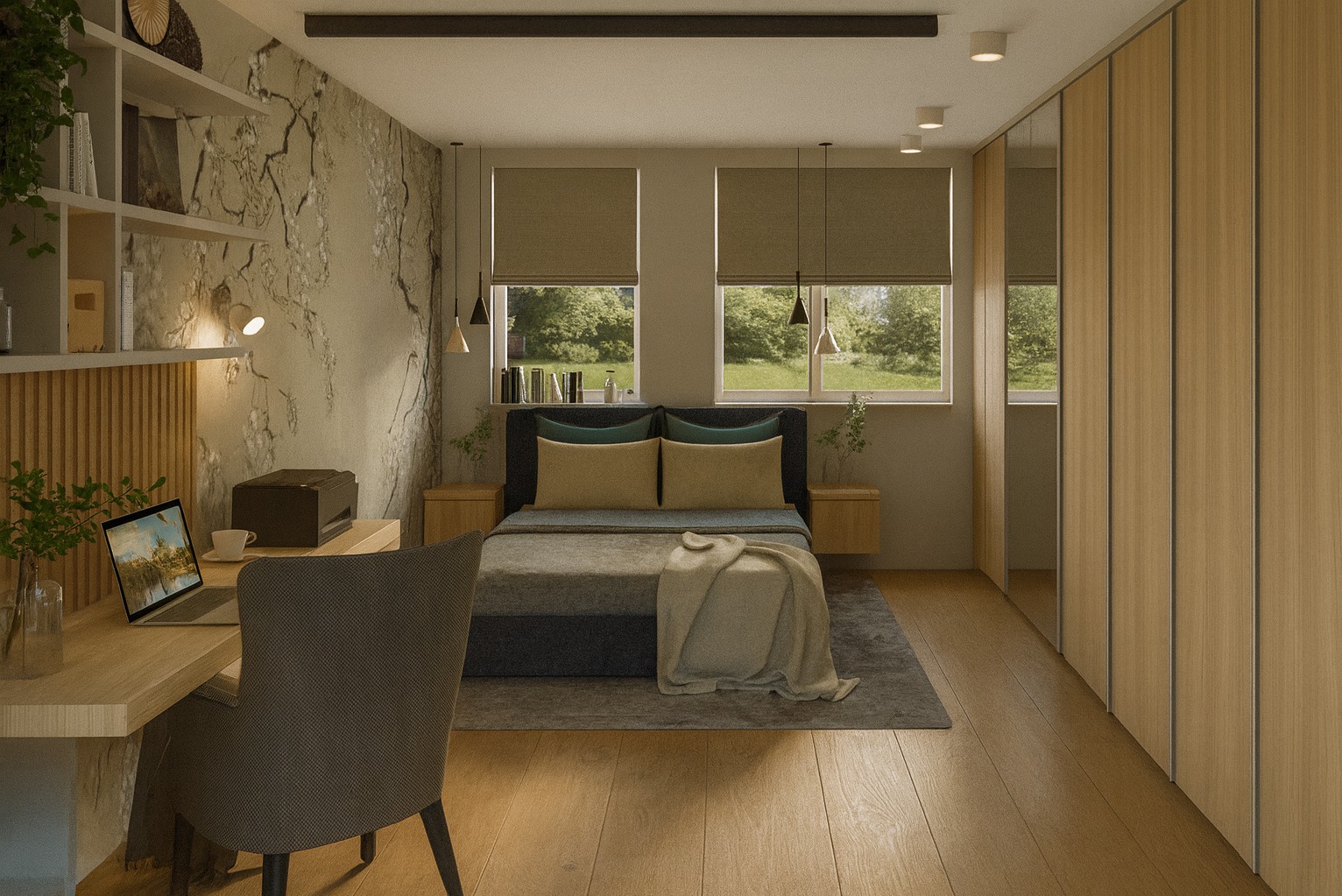 Nowoczesna sypialnia z miejscem do pracy: biurko z laptopem, łóżko z narzutą, szafa przesuwna. Stonowana kolorystyka, naturalne światło z okien.