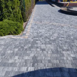 Ułożona, szara kostka brukowa na podjeździe w Kaliszu, z bordiurą z jaśniejszych kostek, obok żywopłot z tui i częściowo wykończony teren wokół domu.