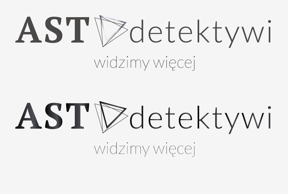 Logo firmy AST detektywi z hasłem 'widzimy więcej', w dwóch wariantach kolorystycznych: ciemnoszarym i szarym, na jasnym tle.