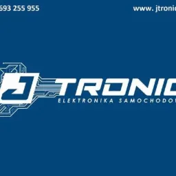 Logo firmy Jtronic specjalizującej się w elektronice samochodowej, z numerem telefonu i adresem strony internetowej, na ciemnoniebieskim tle.