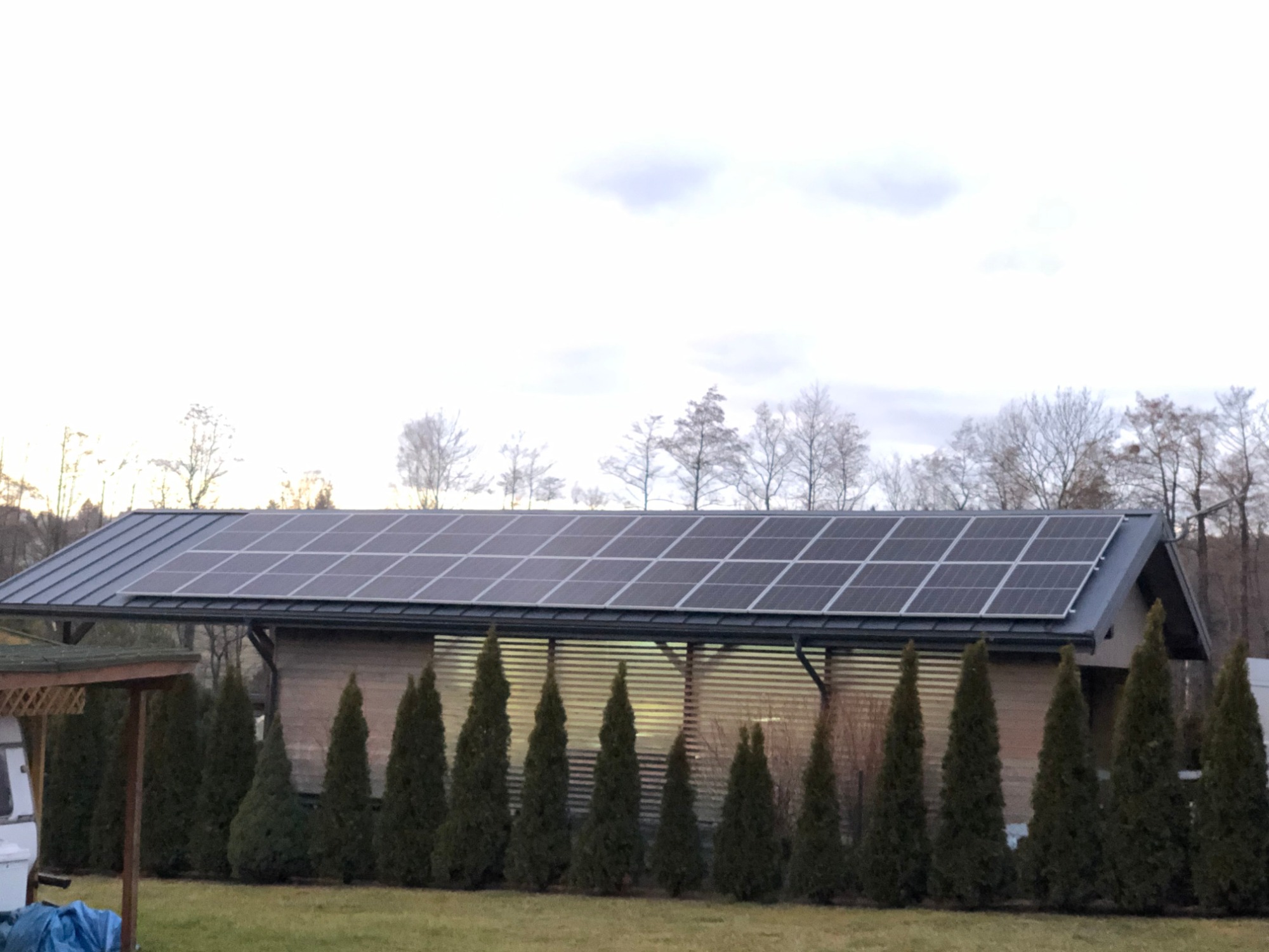 Dom jednorodzinny z panelami słonecznymi na dachu, otoczony rzędem iglaków i trawnikiem, widok z poziomu gruntu w pochmurny dzień.