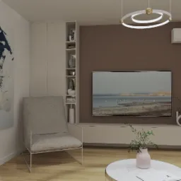 Nowoczesny salon z abstrakcyjnym obrazem, szarym fotelem, telewizorem z widokiem na morze i okrągłą lampą sufitową