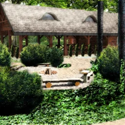 Wizualizacja drewnianej altany z podwójnymi oknami dachowymi w lesie, z miejscem na ognisko i ścieżką z piasku.