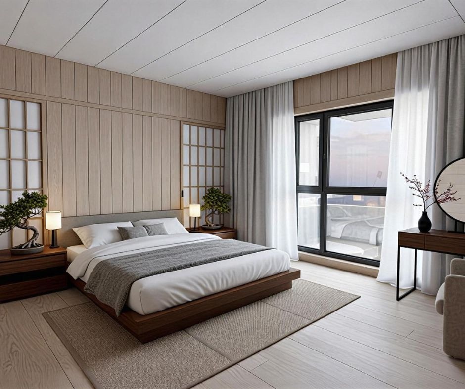 Jasna sypialnia w stylu japońskim: drewniane panele, minimalistyczne łóżko, bonsai na szafkach nocnych, duże okno z widokiem na miasto,  szare zasłony.