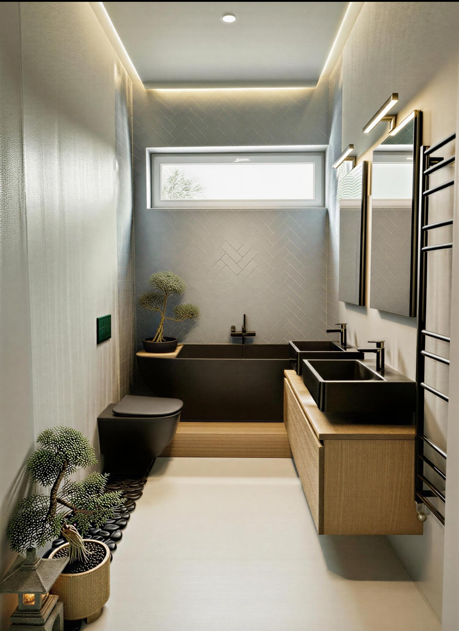 Minimalistyczna łazienka z czarną armaturą, wykończona szarą mozaiką w jodełkę. Uwagę przykuwają detale: bonsai i kamienie dekoracyjne. Oświetlenie LED podkreśla nowoczesny charakter.