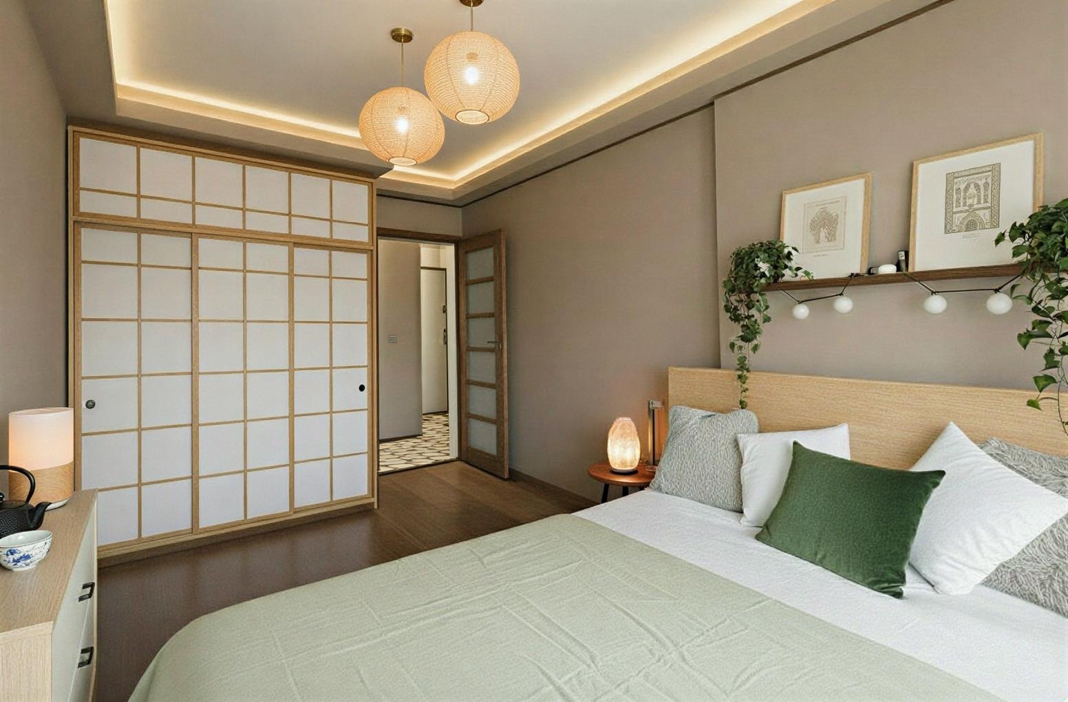 Jasna sypialnia w stylu japońskim: przesuwne drzwi szafy shoji, drewniane wykończenia, okrągłe lampy i rośliny pnące się po ścianie.