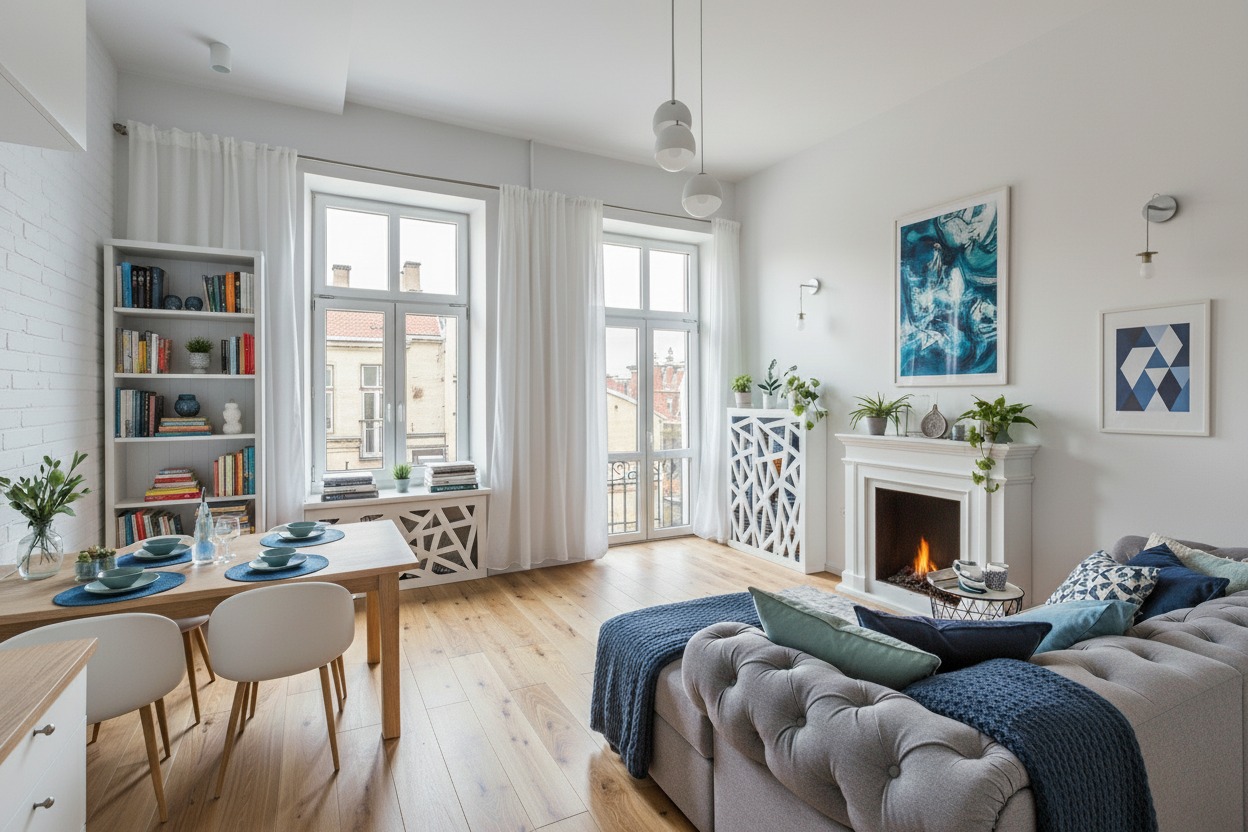 Jasne wnętrze salonu z drewnianą podłogą i kominkiem. Stół z nakryciem, regał z książkami i szara sofa z niebieskimi poduszkami. Okno z białymi zasłonami.
