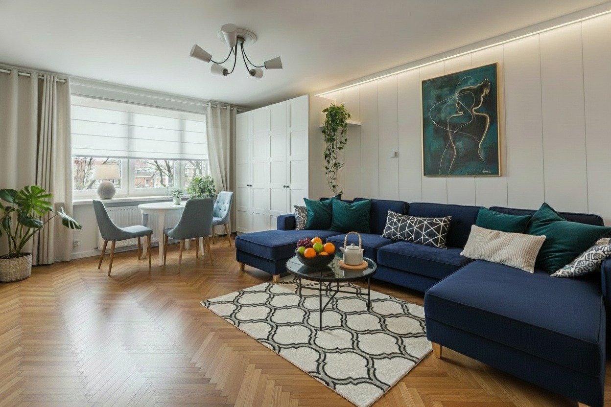 Salon z parkietem w jodełkę, narożnikiem w odcieniach granatu, białymi panelami ściennymi i abstrakcyjnym obrazem w zielono-złotej ramie. Na stole owoce i czajnik.