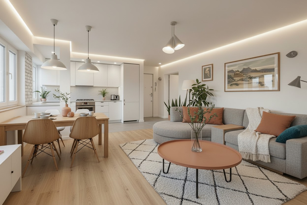 Jasne, przestronne wnętrze z drewnianym stołem, szarą sofą i białymi meblami kuchennymi. Oświetlenie LED podkreśla nowoczesny design. Na ścianie wiszą obrazy.