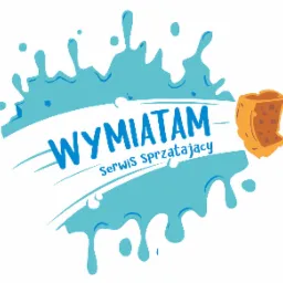 Grafika wektorowa z napisem 'WYMIATAM Serwis sprzątający', stylizowana na logo, z błękitną plamą i pomarańczową gąbką do czyszczenia.