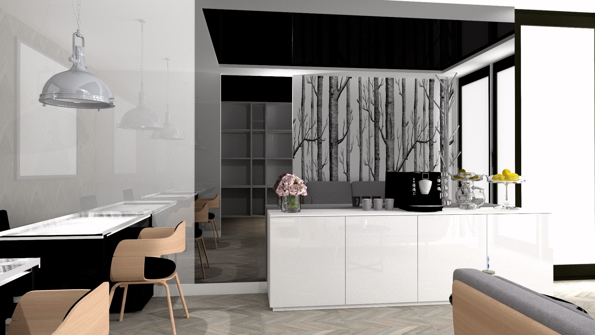 Wizualizacja nowoczesnej jadalni z białymi meblami, drewnianymi krzesłami z czarnymi siedziskami, podłogą w jodełkę i lampami wiszącymi w stylu industrialnym. W tle widoczna ściana z motywem drzew...