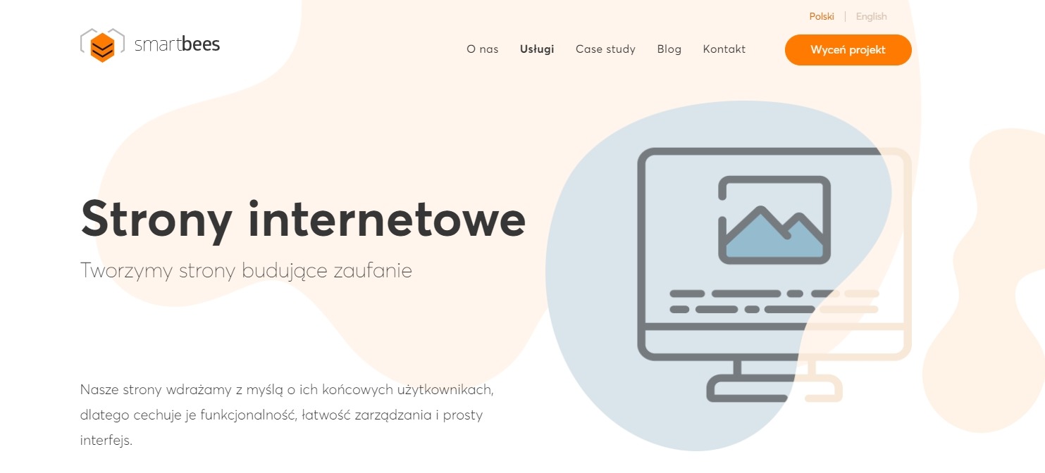 Ilustracja strony internetowej z tekstem 'Strony internetowe' i sloganem 'Tworzymy strony budujące zaufanie', minimalistyczny design z elementami graficznymi w pastelowych kolorach.