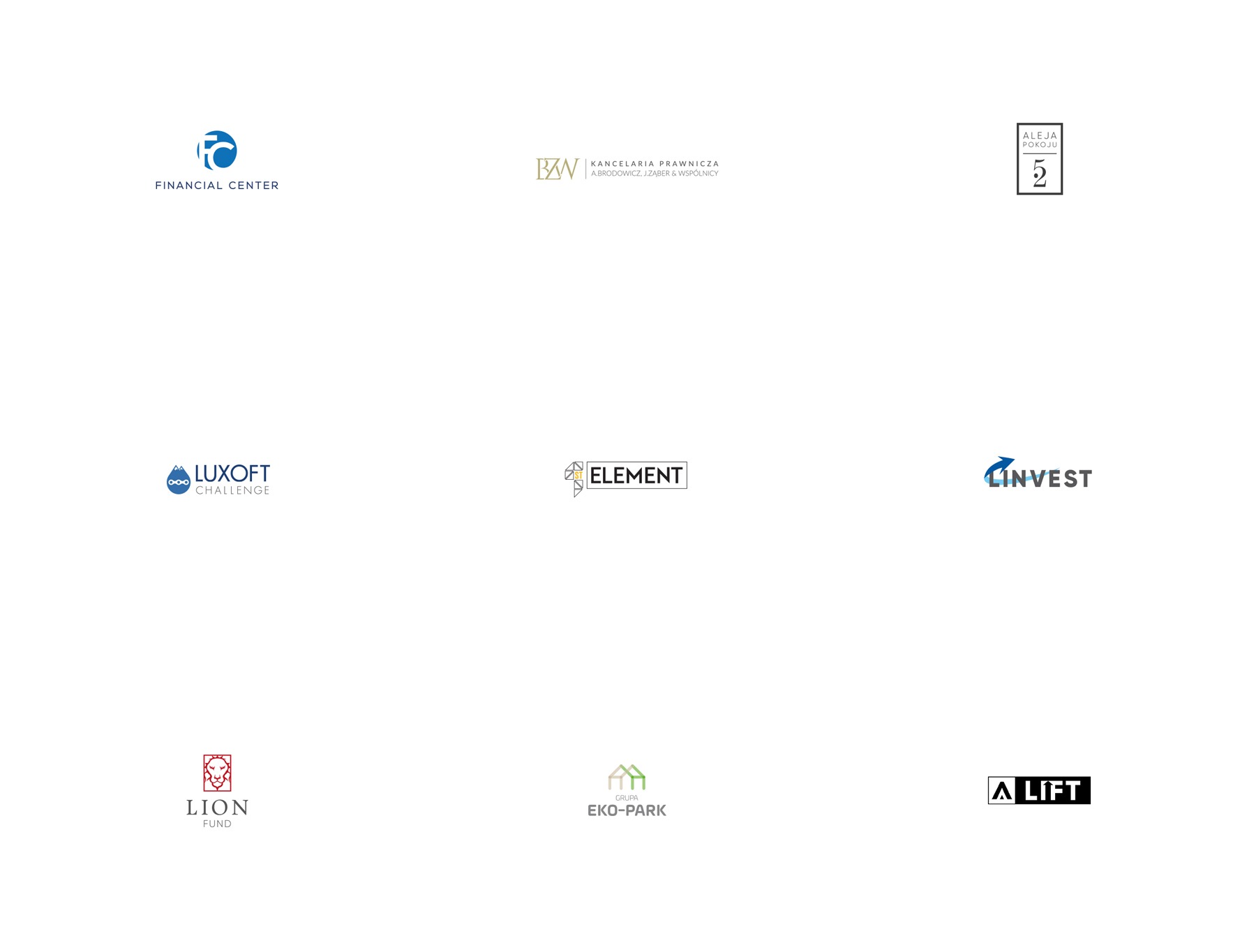 Zbiór minimalistycznych logotypów różnych firm na białym tle, w tym Financial Center, BZW Kancelaria Prawnicza, Aleja Pokoju 5, Luxoft Challenge, Element, Linvest, Lion Fund i Eko-Park.