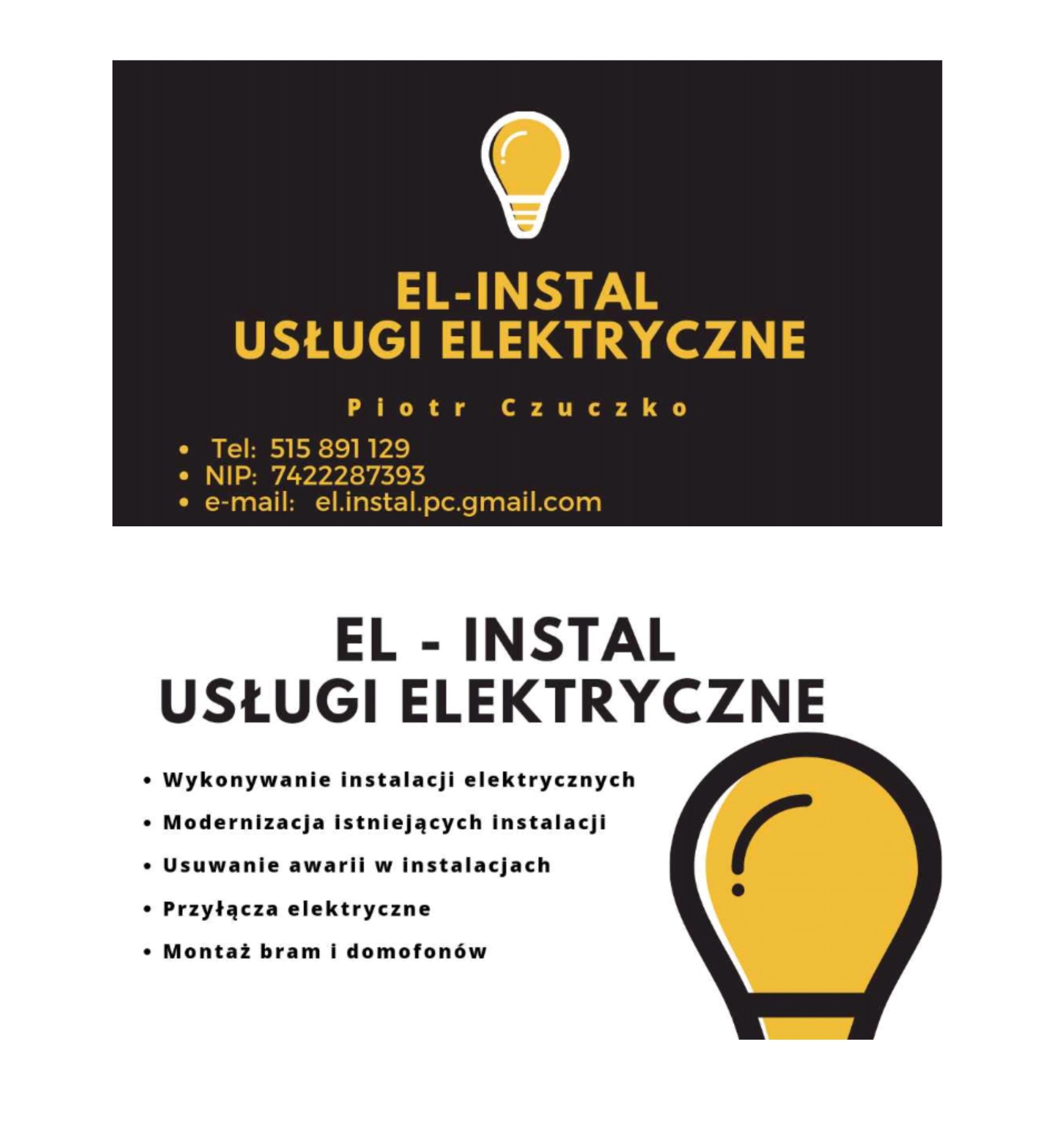 Grafika reklamowa firmy EL-INSTAL, oferującej usługi elektryczne, z informacjami kontaktowymi i listą wykonywanych prac, w tym modernizację i usuwanie awarii.
