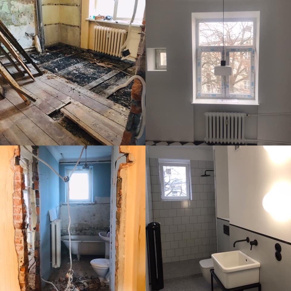 Kolaż przedstawiający cztery etapy remontu: usunięte podłogi i odsłonięte cegły, pokój po malowaniu z nowym oknem, łazienka w trakcie demontażu, oraz wykończona łazienka z białymi płytkami i czarną...