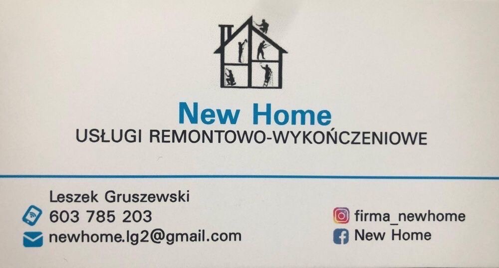 Wizytówka firmy New Home oferującej usługi remontowo-wykończeniowe, z logo przedstawiającym sylwetki osób pracujących wewnątrz domu, numerem telefonu, adresem e-mail oraz ikonami mediów...