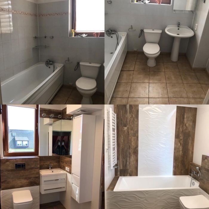 Kolaż czterech ujęć łazienki po remoncie w Głogowie: początkowy stan z wanną i toaletą, umywalka z toaletą, nowoczesna zabudowa z szafką i umywalką, oraz wanna obudowana dekoracyjnymi płytkami.